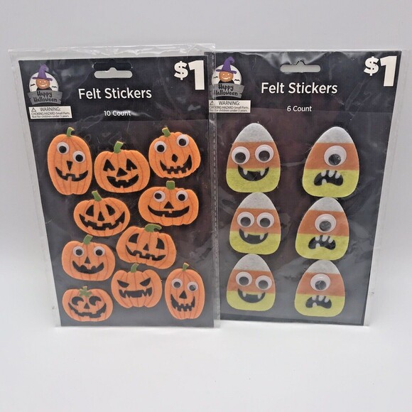 2 Jack O'Lantern Pumpkins & Candy Corn Halloween Googly Eye Felt Craft Stickers - Picture 1 of 6